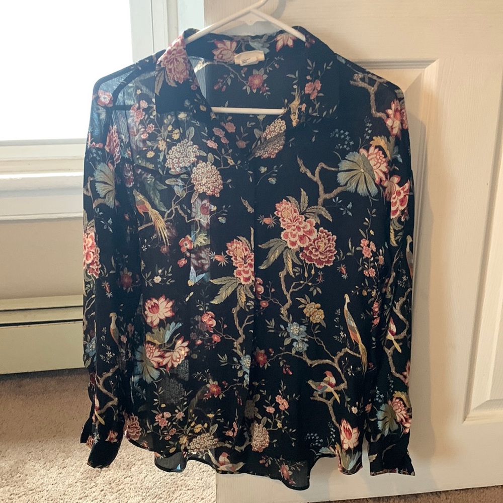 Unique Floral Print Semi-Sheer Button Down Blouse H&M Size 2
